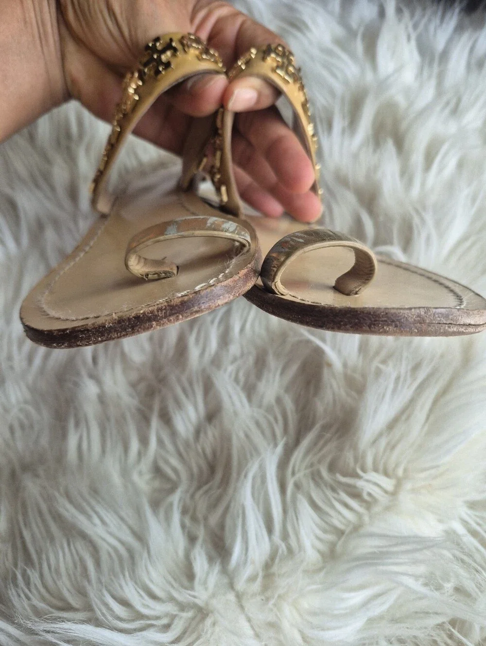 Tory Burch Tan Leather Toe-Loop Sandals with Gold Logo Chain